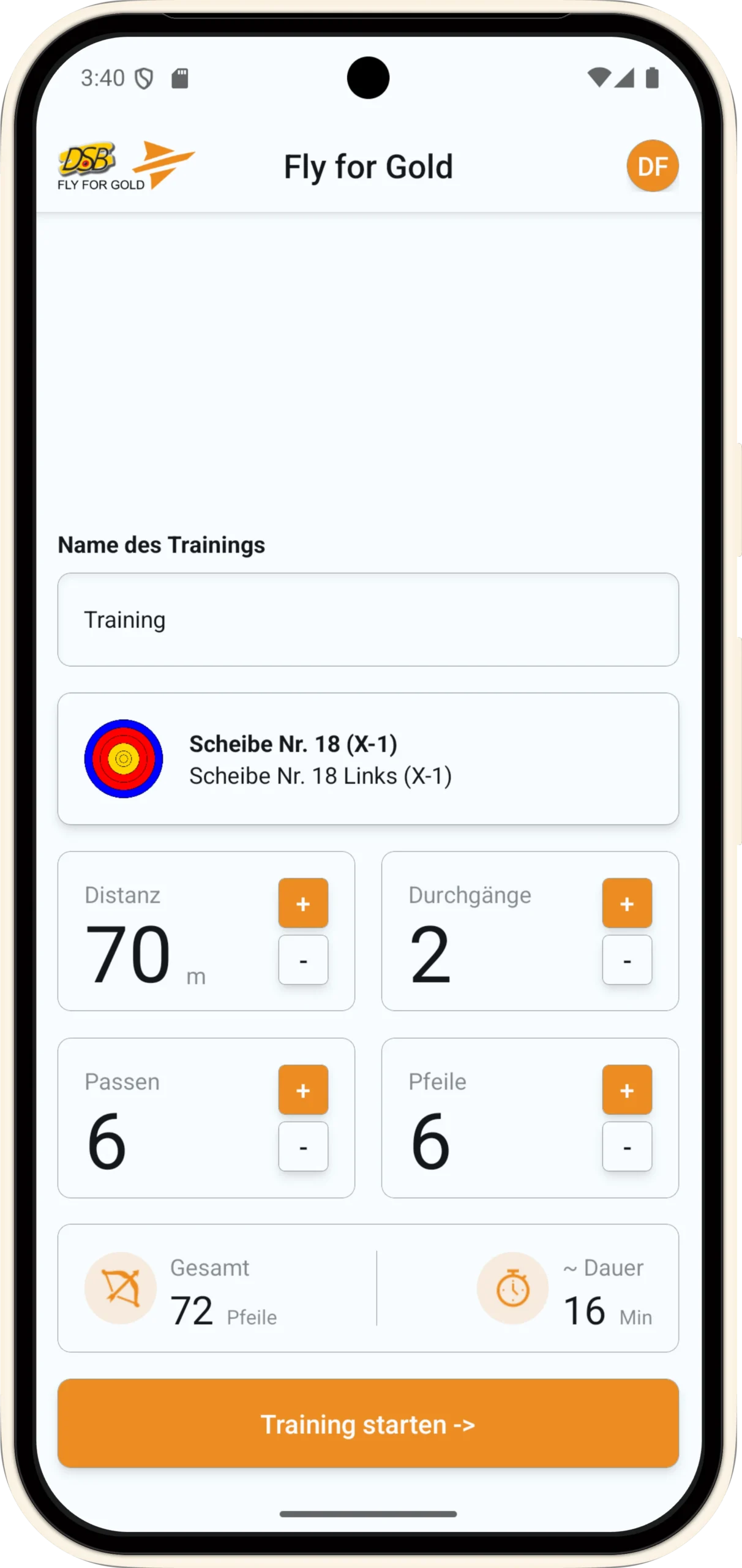 Das Bild zeigt die FlyForGold App von blecon mit der Startseite. Dort kann ein neues Training gestartet werden.