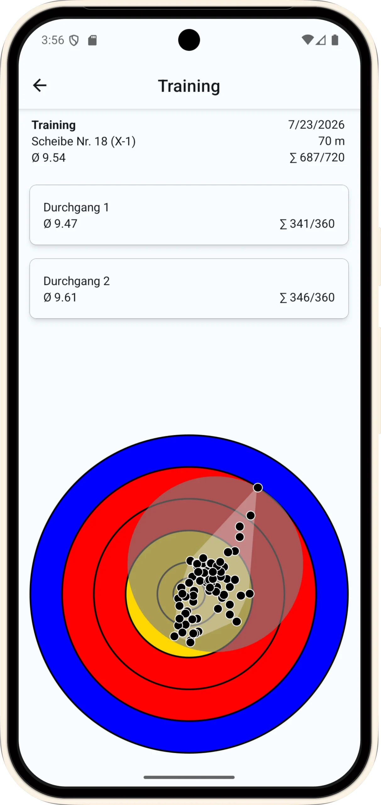 Das Bild zeigt die FlyForGold App von blecon mit der Trainingsansicht. Darauf ist eine Zielscheibe zu sehen und die erzielten Punkte.